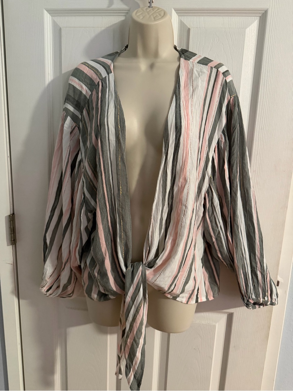 lovestitch Pink, Gray & White Striped Tie-Front Blouse